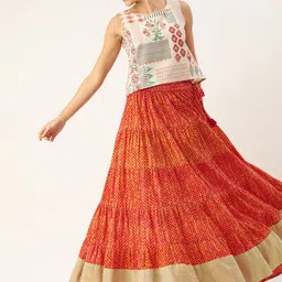 Varanga Rust Orange & Mustard Yellow Dyed Tiered Flared Maxi Pure Cotton Skirt-image-68