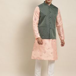 SOJANYA Men Peach-Coloured Mirror Work Kurta with Pyjamas & Nehru Jacket-3