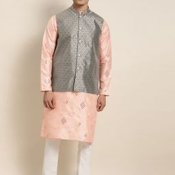SOJANYA Men Peach-Coloured Mirror Work Kurta with Pyjamas & Nehru Jacket-2