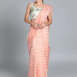 Ethnovog PinkGold-Toned Cotton Blend Printed Saree With Blouse-image-19