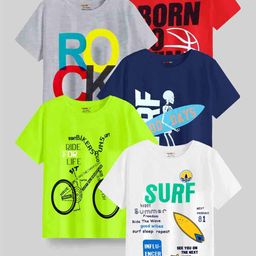 KUCHIPOO Boys Pack Of 5 Typography Printed Round Neck Cotton T-shirts-picture-49