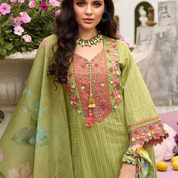 Indo Era Women Floral Embroidered Regular Thread Work Cotton Kurta with Trousers & Dupatta-picture-52