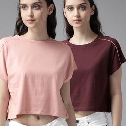 Roadster Women Pack of 2 Solid Round Neck Cropped Pure Cotton T-shirts-image-19