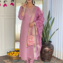 KALINI Women Floral Embroidered Regular Chanderi Silk Kurta with Trousers & With Dupatta-27