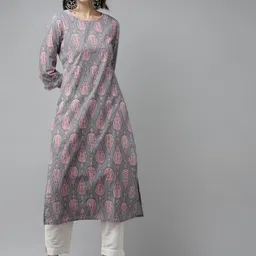 Amirah s Women Grey & Pink Ethnic Motifs Printed Block Print Kurta-picture-15