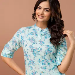 Anouk Rustic Women Floral Printed High Slit Aari Work Pure Cotton Kurta with Palazzos-picture-13