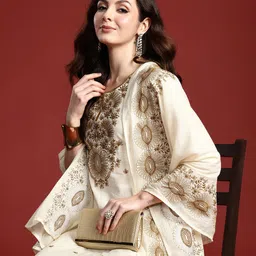 Indo Era Floral Embroidered Thread Work Pure Cotton Kurta with Trousers & Dupatta-46
