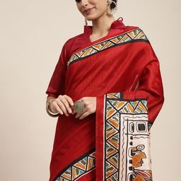 Saree mall Maroon & White Ethnic Motifs Print Art Silk Taant Saree-picture-38