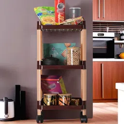 Aura Brown & Black 3-Layer Office Storage Trolley Rack With Wheels-12