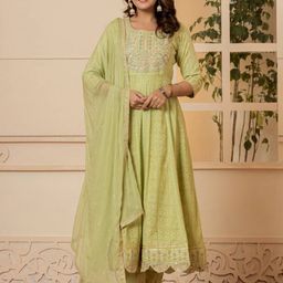 Varanga Mirror Embroidered Pure Cotton Schiffli Anarkali Kurta With Trousers And Dupatta-image-24