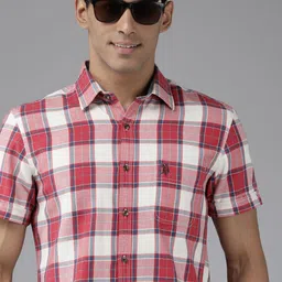u.s. polo assn. denim co. U S Polo Assn Denim Co Men Pink & White Slim Fit Checked Casual Shirt-picture-19
