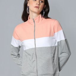 Flying Machine Women Grey & Peach-Coloured Colourblocked Front-Open Sweatshirt-5