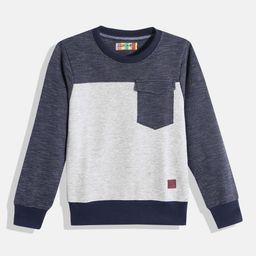 Little Marco Boys Grey Melange & Navy Blue Colourblocked Oversized Flap Pocket Sweatshirt-image-34
