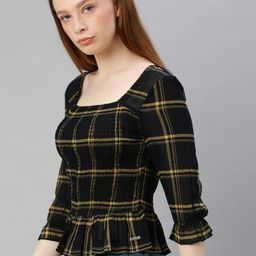 The Roadster Lifestyle Co Black  Yellow Checked Smocked Plaid Bell Sleeve Peplum Top-image-103
