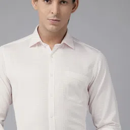 Van Heusen Men Orange And White Grid Tattersall Checked Pure Cotton Formal Shirt-image-0
