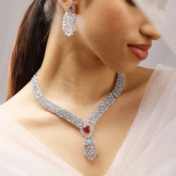 Rubans Rhodium-Plated Ruby Red & Cubic Zirconia Floral & Leaf-Inspired Luxe Jewellery Set-10