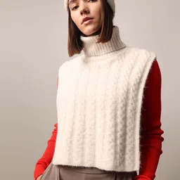 ONLY Women Cable Knit Ribbed Poncho with Fuzzy Detail-image-31