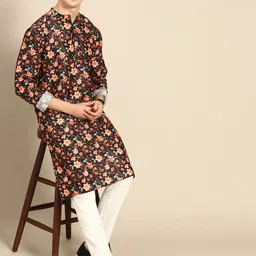Anouk Men Black & Peach-Coloured Floral Print Kurta-14