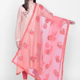 Dupatta Bazaar Coral Red Embroidered Sequinned Dupatta-picture-37