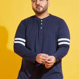 bigbanana Plus Size Men Navy Blue Solid Mandarin Collar Pure Cotton T-shirt-image-51