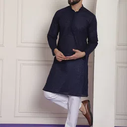 SOJANYA Men Navy Blue Ethnic Motifs Embroidered Regular Pure Cotton Kurta with Churidar-picture-18