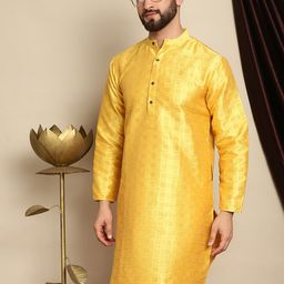 Anouk Yellow Ethnic Motifs Woven Design Mandarin Collar Straight Jaquard Silk Kurta-image-94