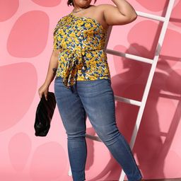 Berrylush Curve Women Floral Print One Shoulder Crepe Regular Top-image-39