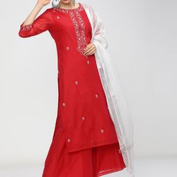 Vishudh Women Red Embroidered Straight Kurta with Palazzo & Dupatta-picture-17