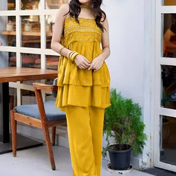 SANCIA Women Embroidered Layered Sequinned Kurta with Palazzos & With Dupatta-5