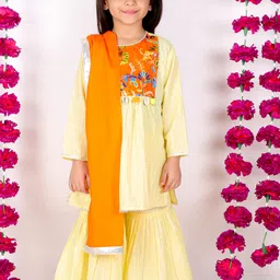 Little Bansi Yellow Embroidered Cotton Kurta with Palazzos & Dupatta-image-39
