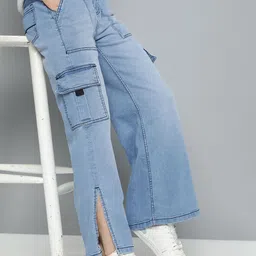 Mast & Harbour Women Light Fade Stretchable Cargo Style Jeans With Side Slits-image-27