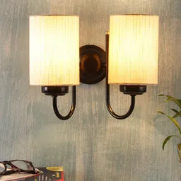 Devansh Off White & Beige Solid Traditional Wallchiere Double Lamp With Fabric Shade-50
