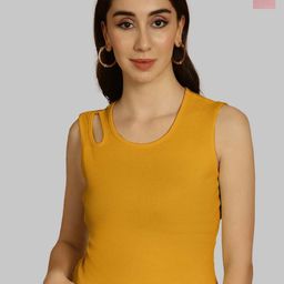 Friskers Mustard Yellow & Coral Keyhole Neck Cotton Sleeveless Top-picture-17