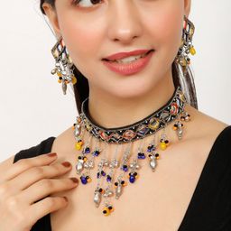 VIVAZS Silver-Plated Stones-Studded And Beaded Jewellery Set-image-14