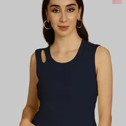 Friskers Navy Blue & Coral Keyhole Neck Cotton Sleeveless Top-picture-12