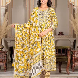 KALINI Floral Printed Mirror Work Pure Cotton Anarkali Kurta & Trouser With Dupatta-10
