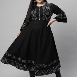 YASH GALLERY Women Plus Size Black & White Yoke Design Bell Sleeves A-Line Kurta-10