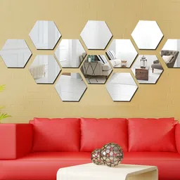 Wall1ders Silver Toned 12 Pieces Hexagon-shaped Acrylic Mirror Wall Stickers-64