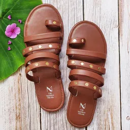 THE MADRAS TRUNK Women Brown & Gold-Toned Solid Embellished Leather Open Toe Flats-image-65