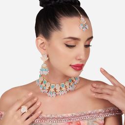 Zaveri Pearls Gold-Plated Stone-Studded & Beaded Jewellery Set With Maang Tikka & Ring-36