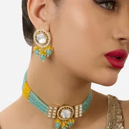 Zaveri Pearls Gold-Plated Stone Studded & Beaded Jewellery Set-56