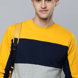 Flying Machine Men Mustard Yellow & Navy Blue Colourblocked Sweatshirt-image-85