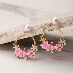 YouBella Pink & Off-White Gold-Plated Stone-Studded Floral Drop Earrings-46