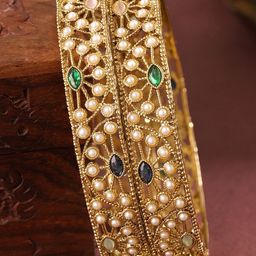 Rubans Set of 2 18K Gold-Plated Mini Pearl & Multi-Coloured Stone Designer Bangles-27