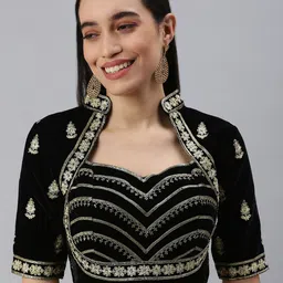 flaher Women Black Embroidered Velvet Padded Saree Blouse-picture-18
