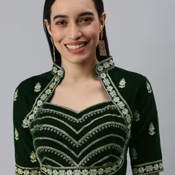 flaher Women Green Embroidered Velvet Padded Saree Blouse-picture-17