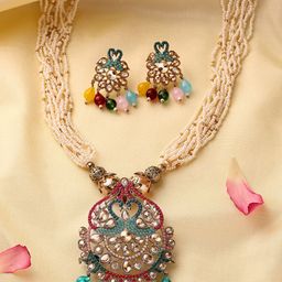 ADIVA Gold-Plated Peacock Kundan Stone-Studded & Pearls BeadedJewellerySet-image-69