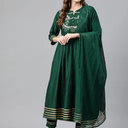 Yuris Floral Embroidered Pleated Zari Pure Cotton Kurta with Trousers & With Dupatta-picture-29