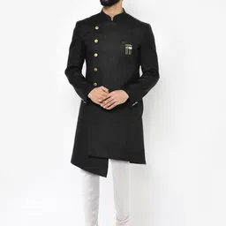 KISAH Men Black & Cream-Coloured Cotton Asymmetric Hem Sherwani Set-image-17