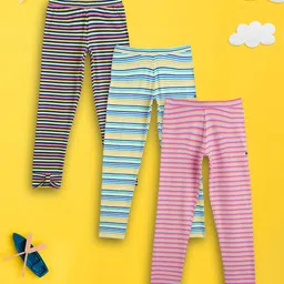 XY Life Girls Pack Of 3 Striped Cotton Astro Supercombed Cotton Ankle-Length Leggings-image-30